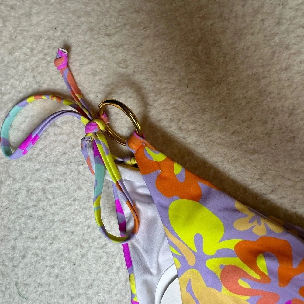 Princess Polly‎ Retro Floral Side Tie Bikini Bottoms Gold O-Ring Purple Multi 12